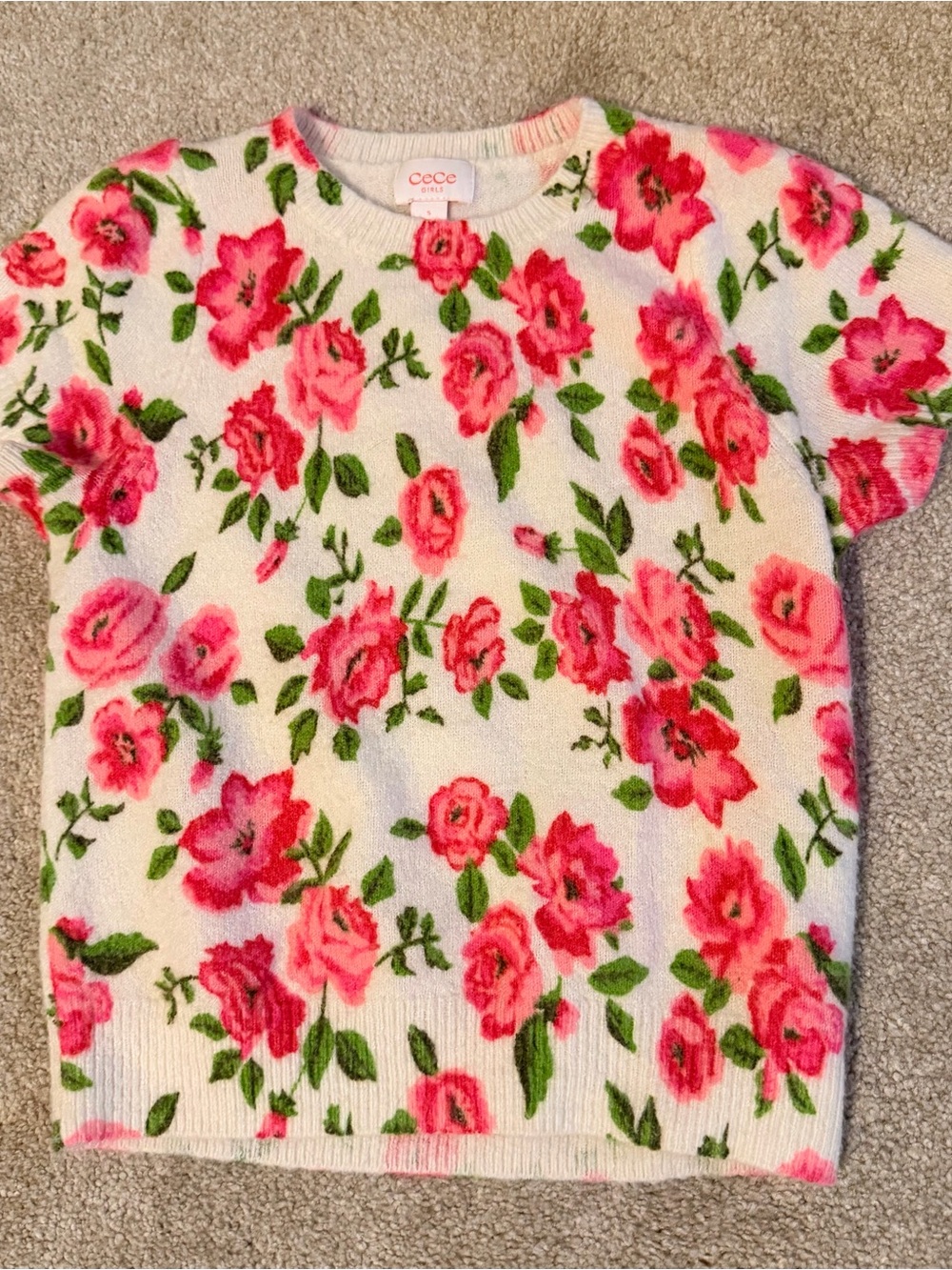 CeCe Kids Pink Floral Short-Sleeve Sweater Top, size Small